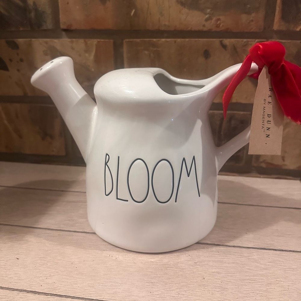 Rae Dunn White Watering Can with Red Ribbon